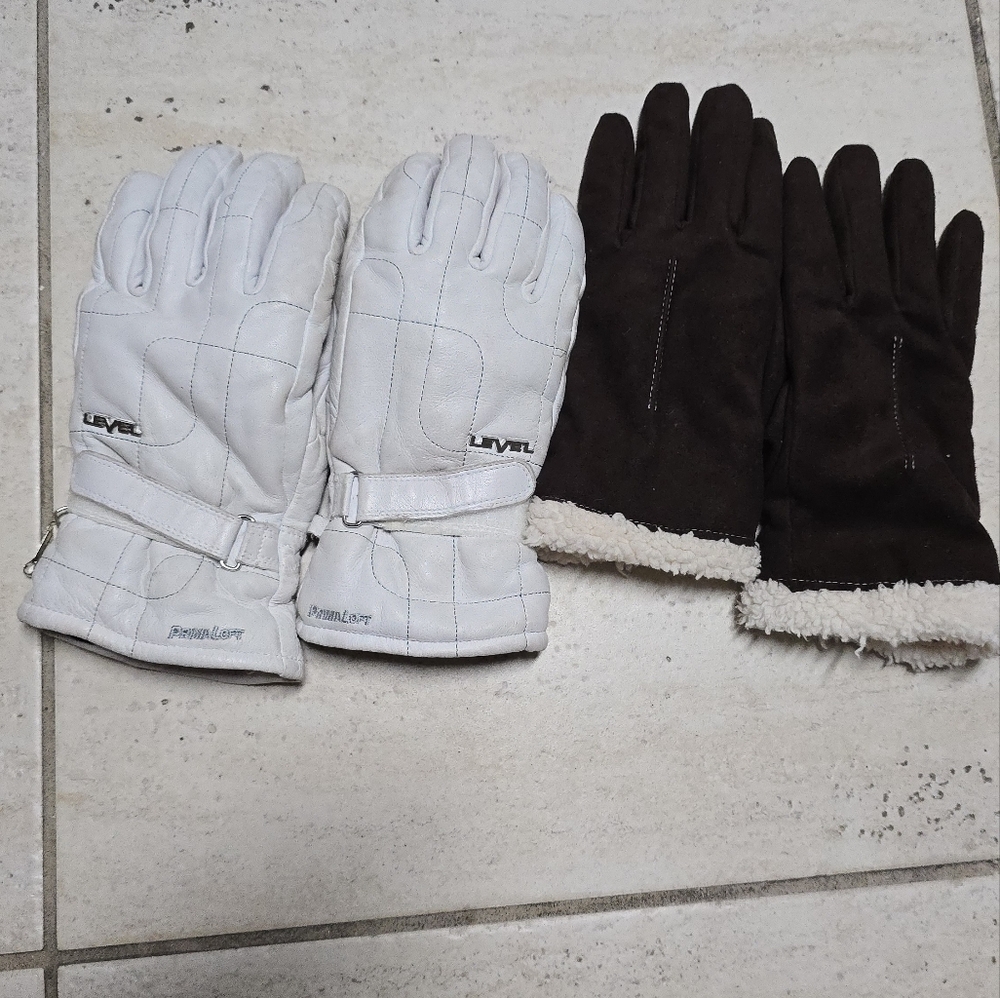 Women’s Ski Gloves LEVEL Prima Loft White Leather Gloves Snow Sport Gloves